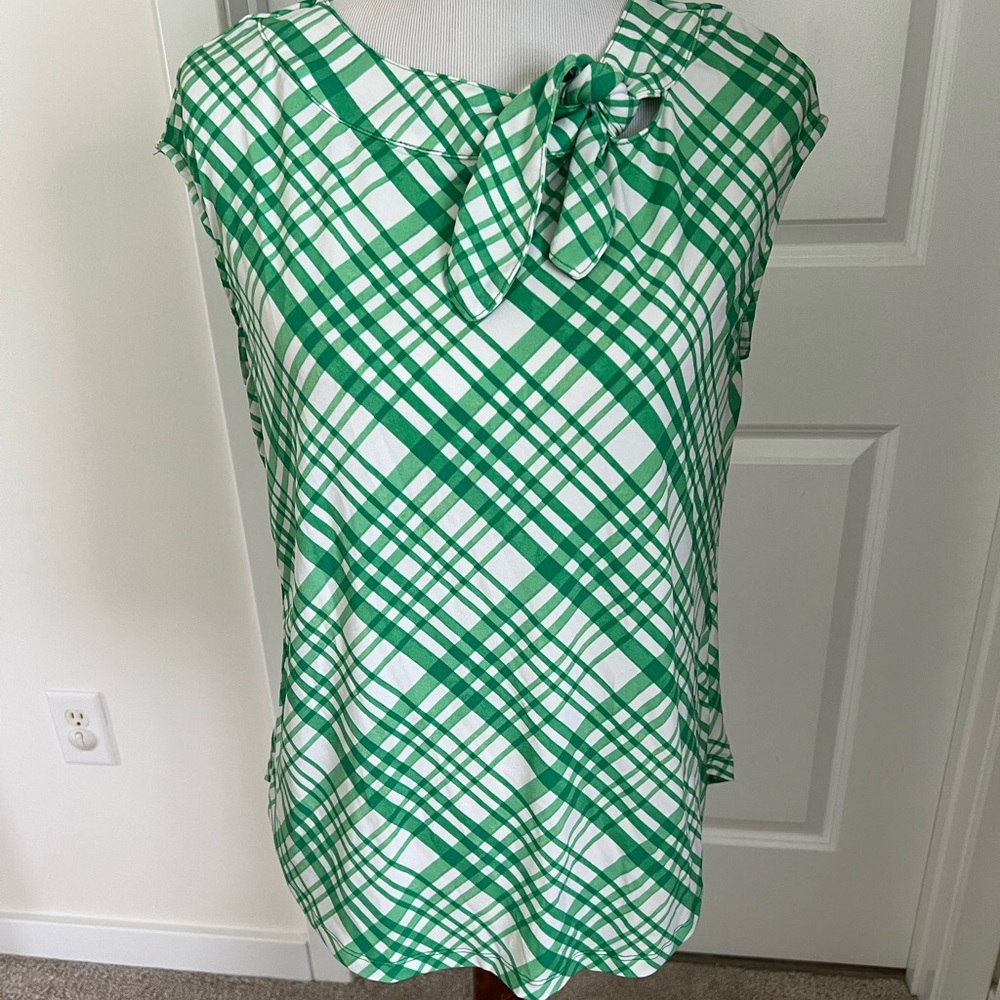 7th Avenue Green and White Tie Front Relaxed Blouse Medium